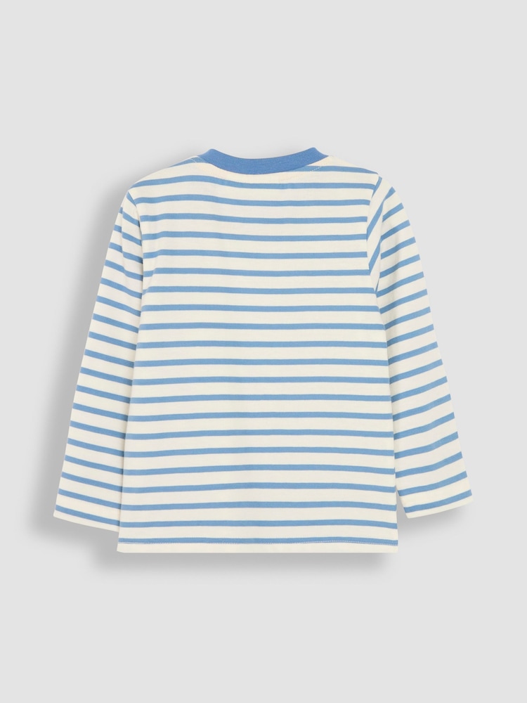 JoJo Maman Bébé Ecru Denim Blue Stripe Tractor Appliqué Border Top - Image 2 of 3