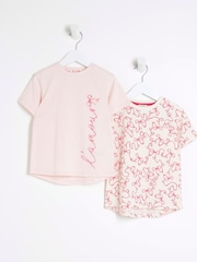 River Island Pink Girls 100% Cotton Bow T-Shirts 2 Pack - Image 1 of 4