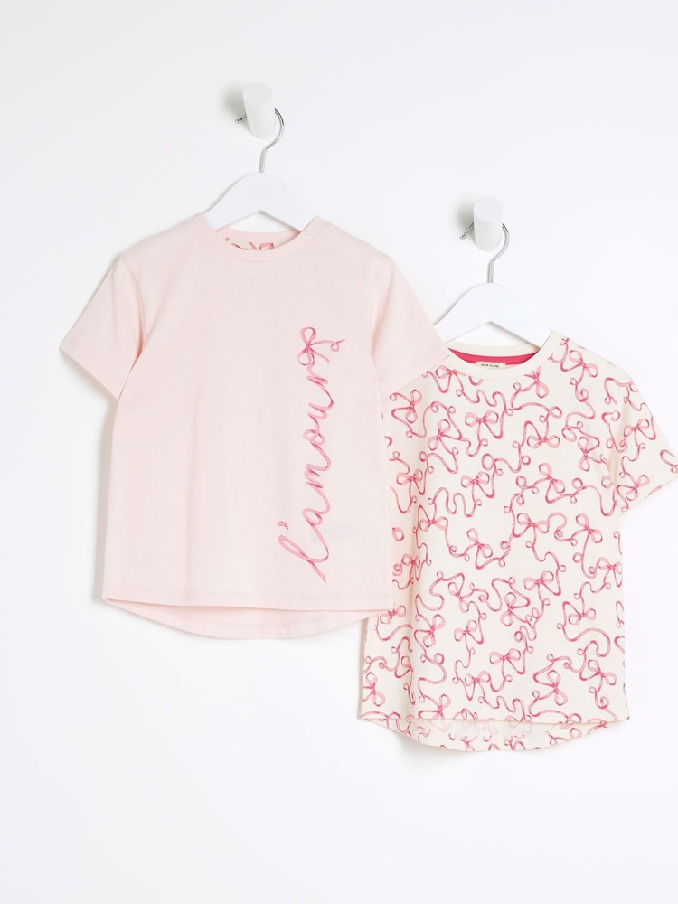River Island Pink Girls 100% Cotton Bow T-Shirts 2 Pack - Image 1 of 4