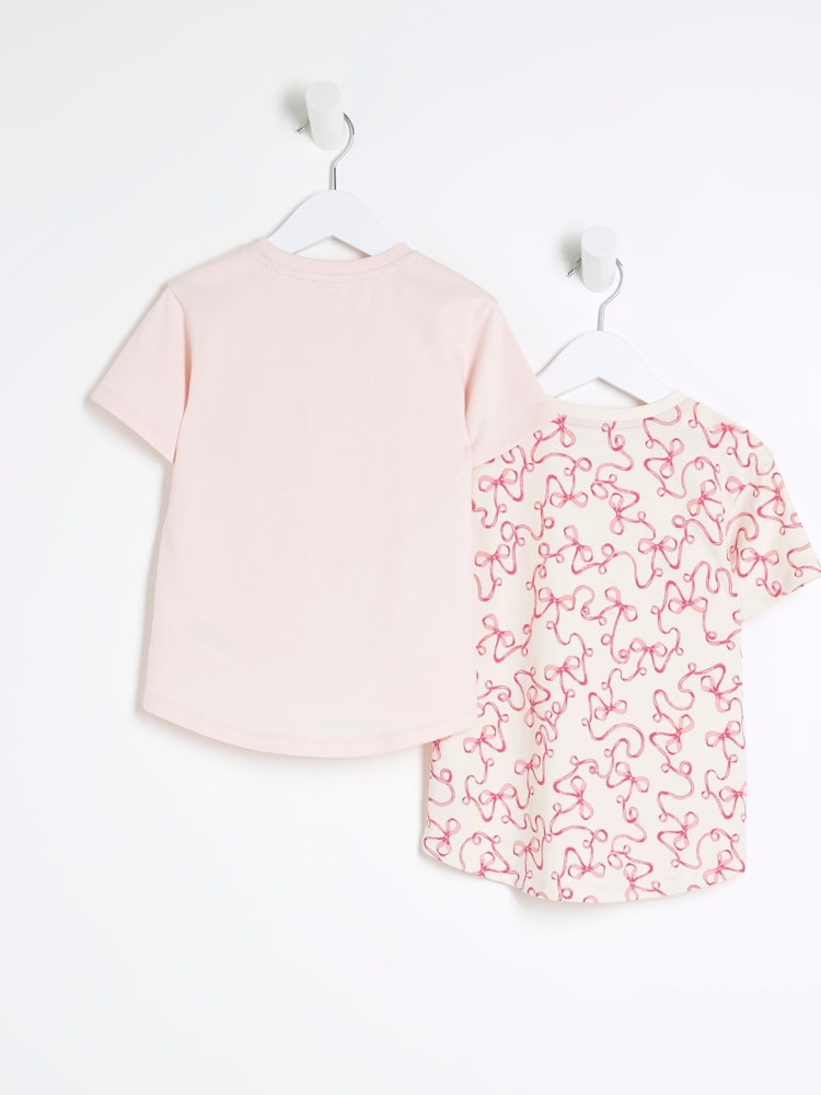 River Island Pink Girls 100% Cotton Bow T-Shirts 2 Pack - Image 2 of 4
