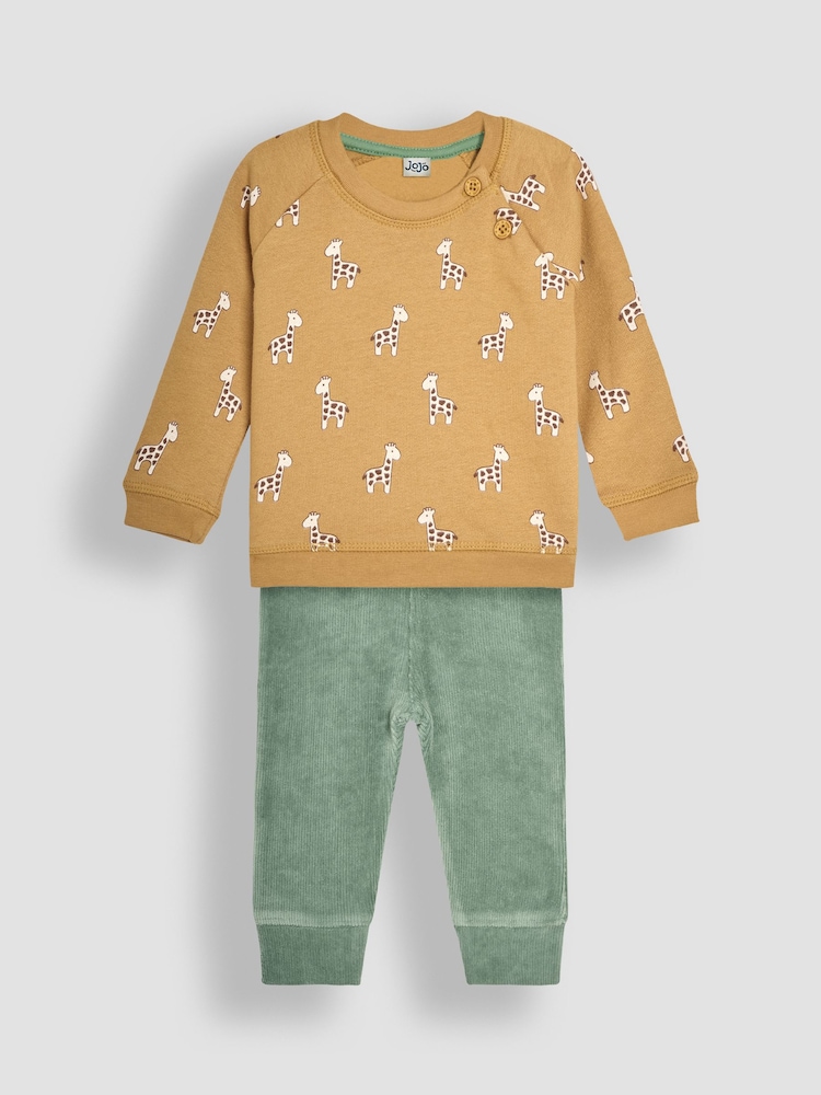 JoJo Maman Bébé Mustard Baby Giraffe Sweatshirt And Cosy Trousers Set - Image 1 of 9