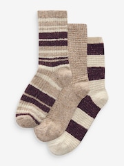 Berry/Ecru Stripe Thermal Wool Blend Ankle Socks 3 Pack With Silk - Image 1 of 6