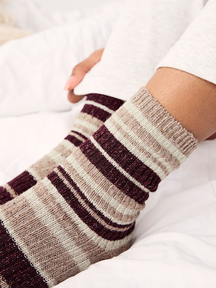 Berry/Ecru Stripe Thermal Wool Blend Ankle Socks 3 Pack With Silk - Image 3 of 6