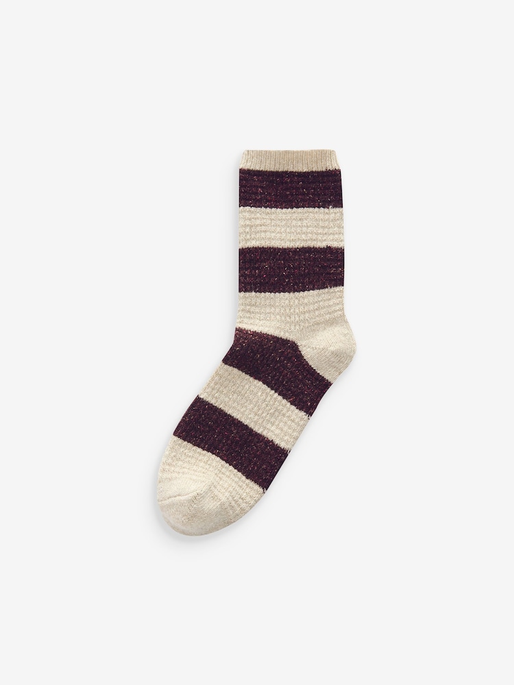 Berry/Ecru Stripe Thermal Wool Blend Ankle Socks 3 Pack With Silk - Image 5 of 6