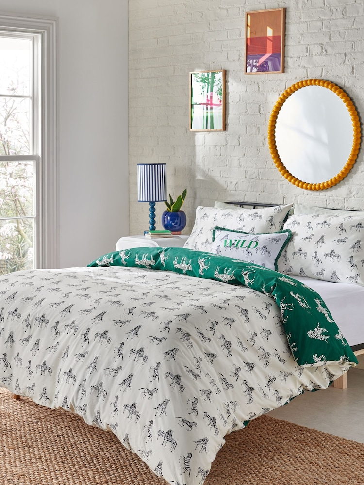 Novogratz Green Zebras in Love 100% Cotton Duvet Cover and Pillowcase Set - Image 1 of 6 Novogratz Green Zebras in Love 100% Cotton Duvet Cover and Pillowcase Set - Image 1 of 6