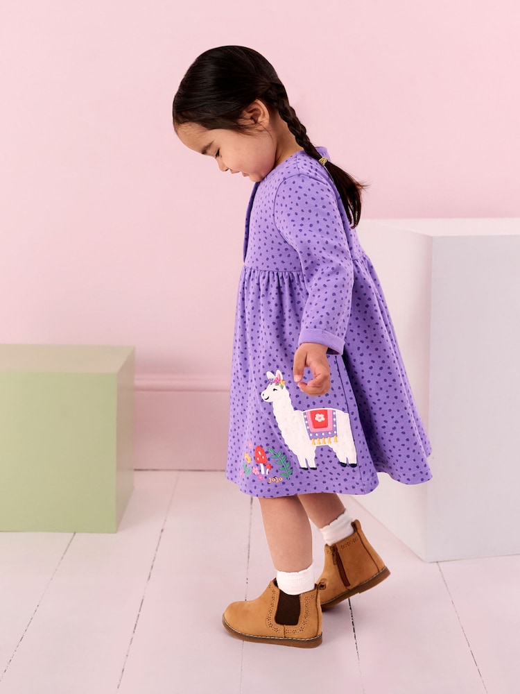 JoJo Maman Bébé Lilac Purple Llama Appliqué Button Front Dress - Image 1 of 6