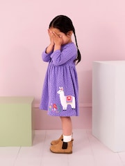 JoJo Maman Bébé Lilac Purple Llama Appliqué Button Front Dress - Image 3 of 6