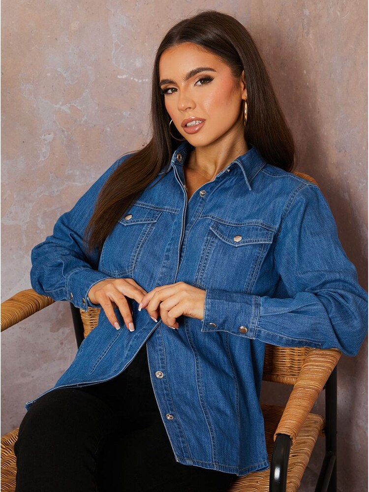 Chi Chi London Blue Long Sleeve Denim Shirt - Image 1 of 5