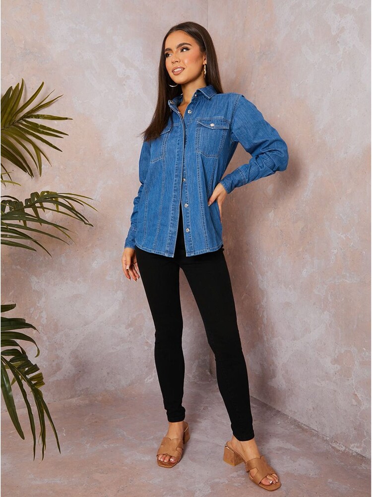 Chi Chi London Blue Long Sleeve Denim Shirt - Image 2 of 5