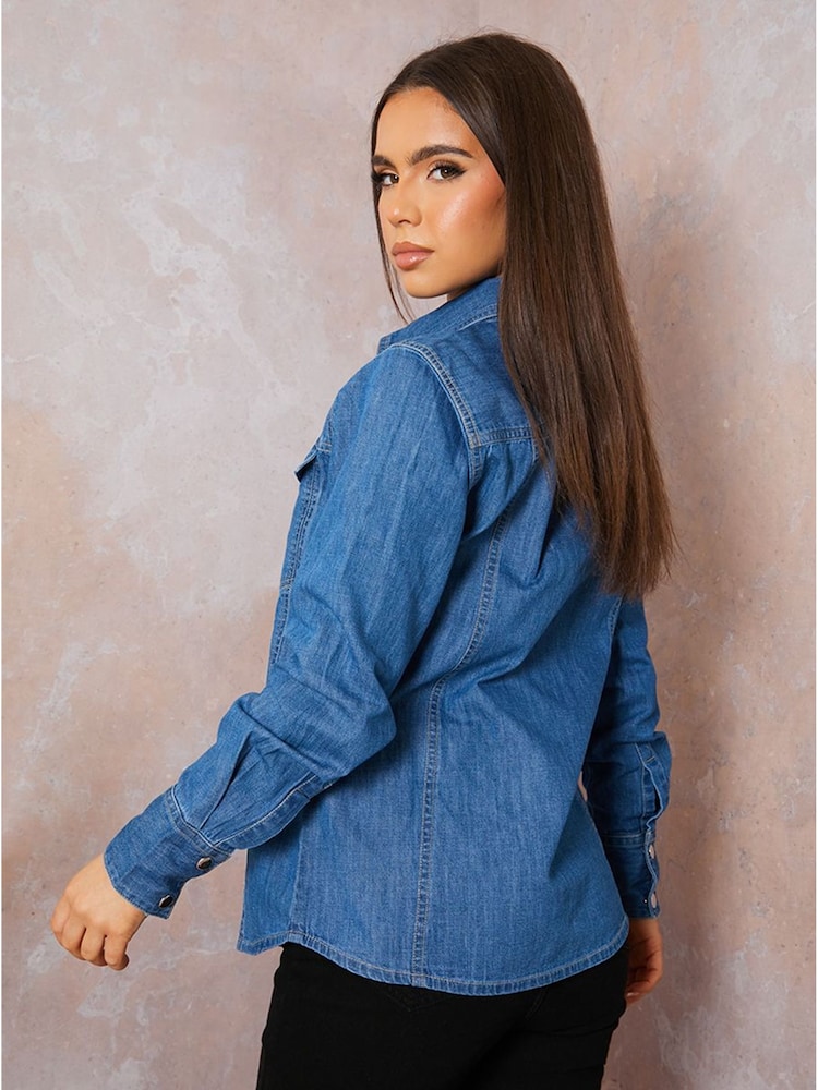 Chi Chi London Blue Long Sleeve Denim Shirt - Image 5 of 5