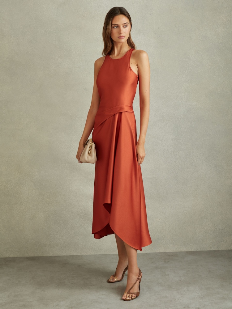 Reiss Rust Micah Satin Drape Tuck Midi Dress - Image 1 of 5