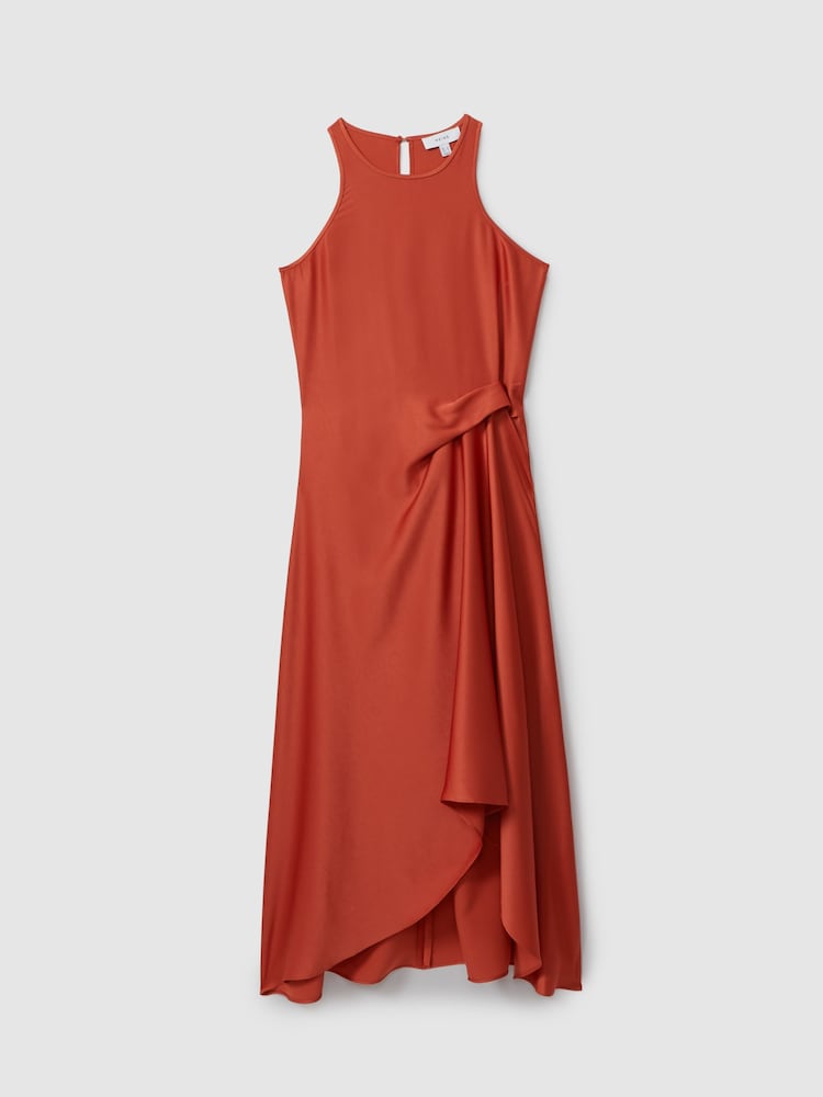 Reiss Rust Micah Satin Drape Tuck Midi Dress - Image 2 of 5