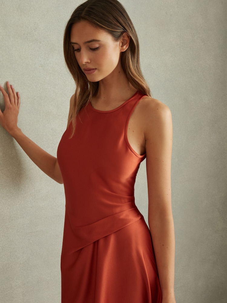 Reiss Rust Micah Satin Drape Tuck Midi Dress - Image 3 of 5