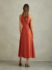 Reiss Rust Micah Satin Drape Tuck Midi Dress - Image 4 of 5