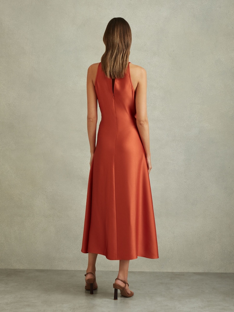 Reiss Rust Micah Satin Drape Tuck Midi Dress - Image 4 of 5