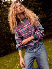 Teal Blue Fairisle Pattern Stripe Crew Neck Knitted Jumper - Image 1 of 7