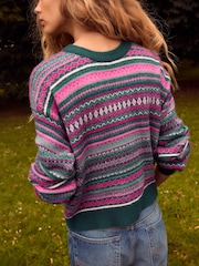 Teal Blue Fairisle Pattern Stripe Crew Neck Knitted Jumper - Image 3 of 7