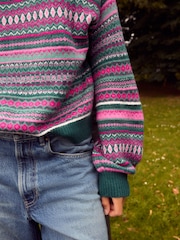 Teal Blue Fairisle Pattern Stripe Crew Neck Knitted Jumper - Image 4 of 7