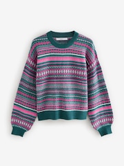 Teal Blue Fairisle Pattern Stripe Crew Neck Knitted Jumper - Image 5 of 7