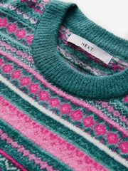 Teal Blue Fairisle Pattern Stripe Crew Neck Knitted Jumper - Image 6 of 7