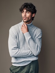 Light Grey Roll Neck Regular Fit Premium Lambswool Blend Rib Texture Jumper - Image 1 of 7