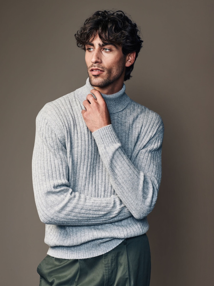 Light Grey Roll Neck Regular Fit Premium Lambswool Blend Rib Texture Jumper - Image 1 of 7