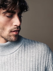 Light Grey Roll Neck Regular Fit Premium Lambswool Blend Rib Texture Jumper - Image 5 of 7