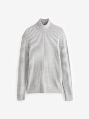 Light Grey Roll Neck Regular Fit Premium Lambswool Blend Rib Texture Jumper - Image 6 of 7