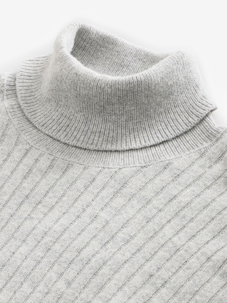 Light Grey Roll Neck Regular Fit Premium Lambswool Blend Rib Texture Jumper - Image 7 of 7