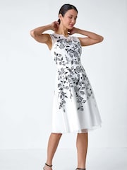 Roman White Floral Embroidered Fit and Flare Dress - Image 1 of 5