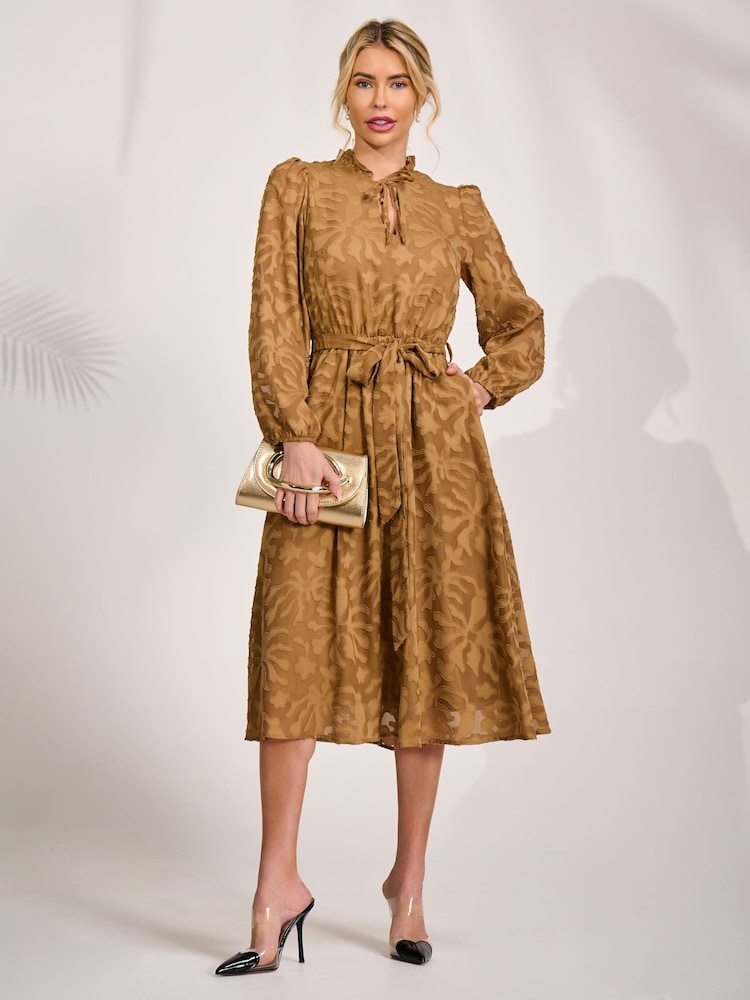 brown chiffon midi dress Brown Chiffon Midi Dress, Floral Pleated Bohemian Evening Gown