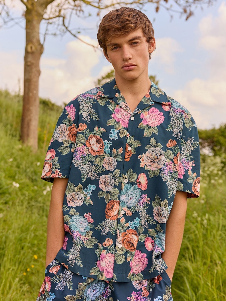 Navy Blue EDIT Short Sleeve Floral Printed Shirt - Image 1 of 7