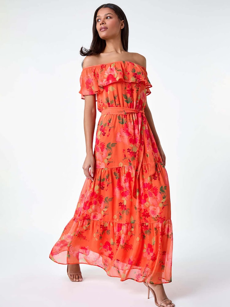 Roman Floral Tiered Bardot Belted Dress - Image 1 of 5 Roman Floral Tiered Bardot Belted Dress - Image 1 of 5