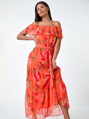 Roman Orange Floral Tiered Bardot Belted Dress - Image 2 of 5