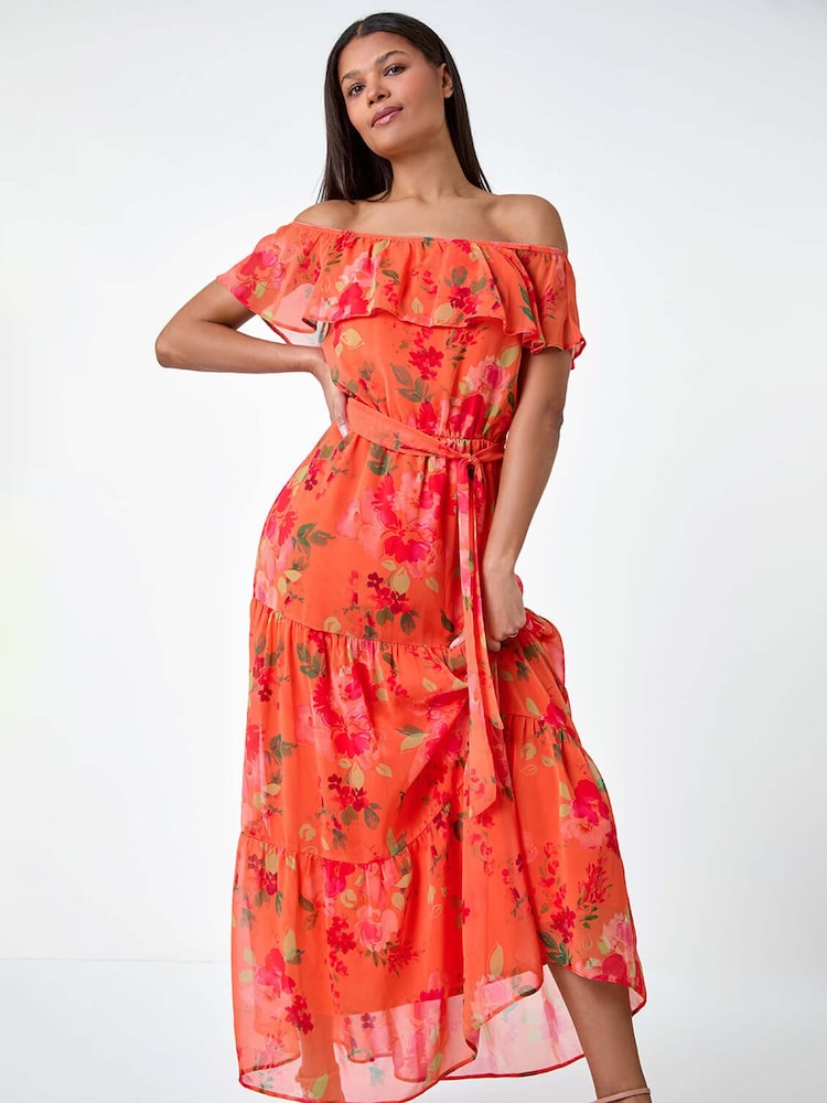 Roman Floral Tiered Bardot Belted Dress - Image 2 of 5 Roman Floral Tiered Bardot Belted Dress - Image 2 of 5