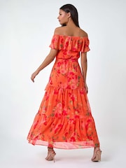 Roman Orange Floral Tiered Bardot Belted Dress - Image 3 of 5