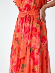Roman Orange Floral Tiered Bardot Belted Dress - Image 5 of 5
