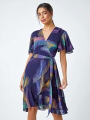Roman Blue Mini Feather Print Frill Trim Dress - Image 1 of 5