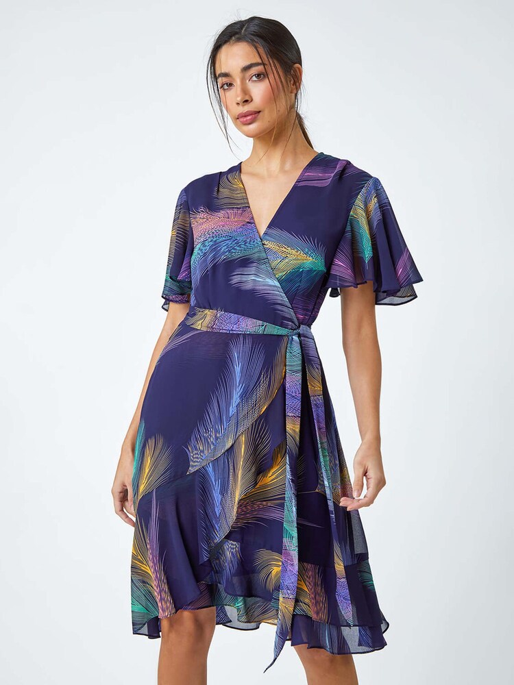 Roman Blue Mini Feather Print Frill Trim Dress - Image 1 of 5