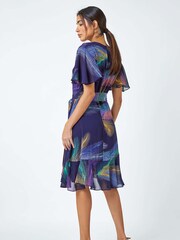 Roman Blue Mini Feather Print Frill Trim Dress - Image 2 of 5