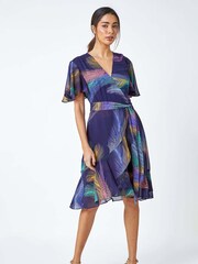Roman Blue Mini Feather Print Frill Trim Dress - Image 3 of 5