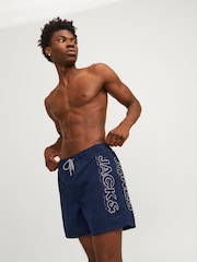 JACK & JONES Navy Blue Swim Shorts With Contrast Lining - Image 2 of 8