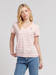 U.S. Polo Assn. Pink Regular Fit Womens Slub Stripe V-Neck 100% Cotton T-Shirt - Image 1 of 8