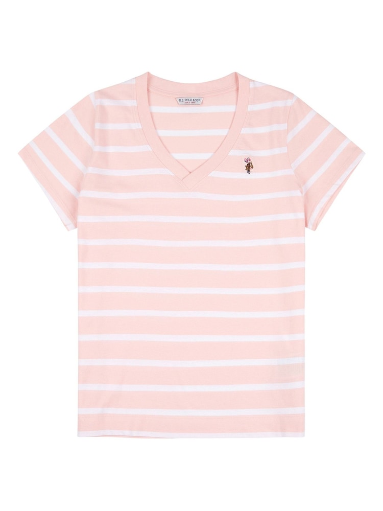 U.S. Polo Assn. Pink Regular Fit Womens Slub Stripe V-Neck 100% Cotton T-Shirt - Image 6 of 8