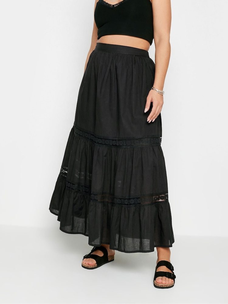 Yours Curve Black Tiered Maxi 100% Cotton Skirt - Image 1 of 5
