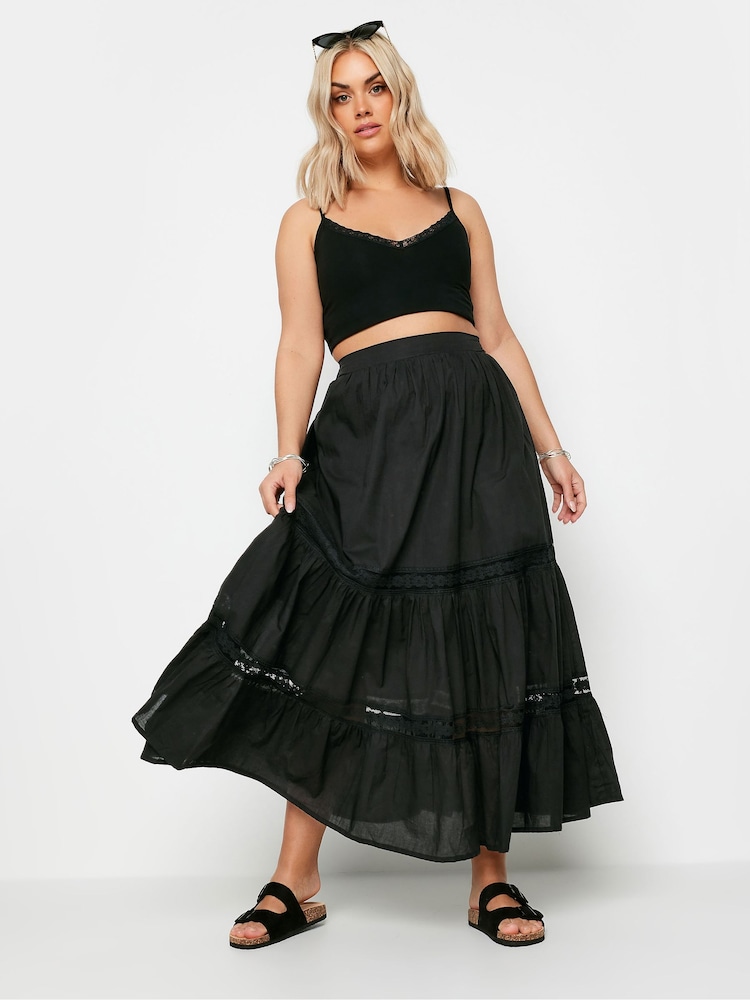 Yours Curve Black Tiered Maxi 100% Cotton Skirt - Image 2 of 5