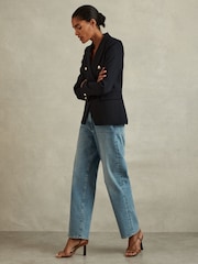 Reiss Navy Tally Tailored Fit Textured Double Breasted Blazer - Image 4 of 6