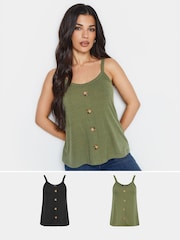Schwarz/Khaki-Grün - PixieGirl Geknöpfte Camisoles in Kurzgröße im 2er-Pack - Bild 1 von 6