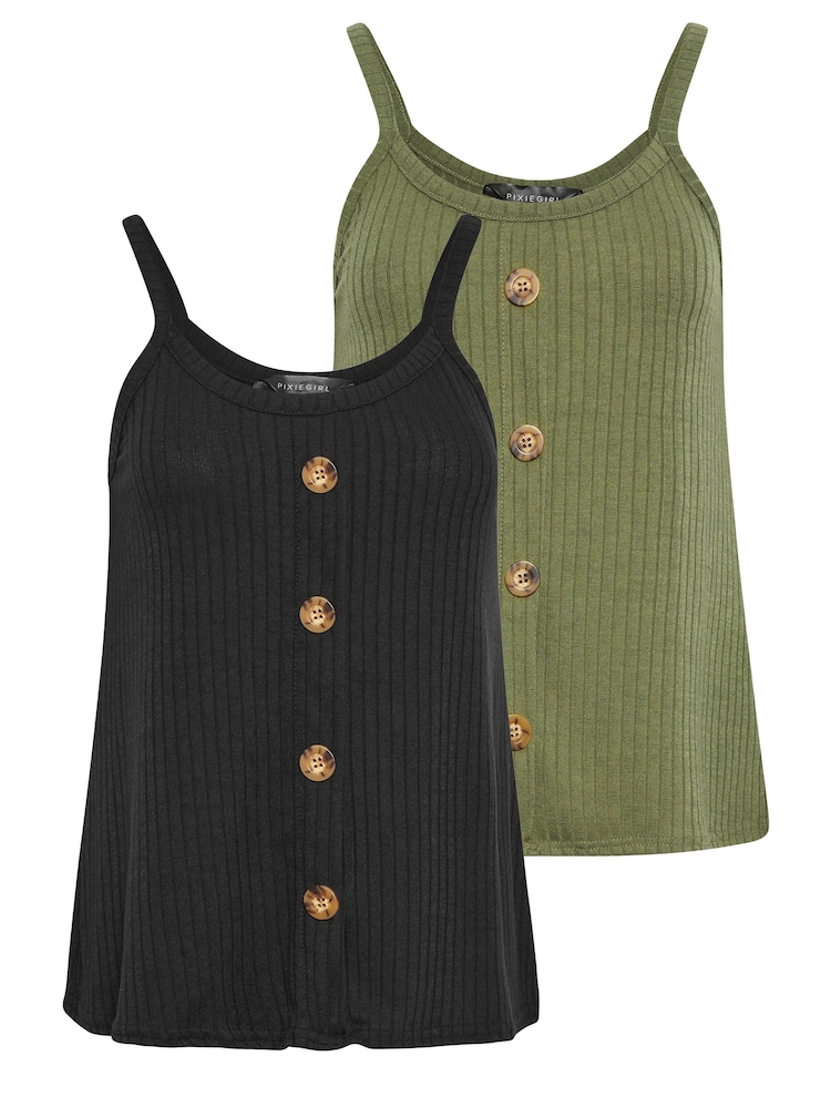 Schwarz/Khaki-Grün - PixieGirl Geknöpfte Camisoles in Kurzgröße im 2er-Pack - Bild 6 von 6