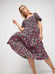 Yours Curve Black & Pink Ditsy Floral Print Shirred Midaxi Dress - Image 1 of 5